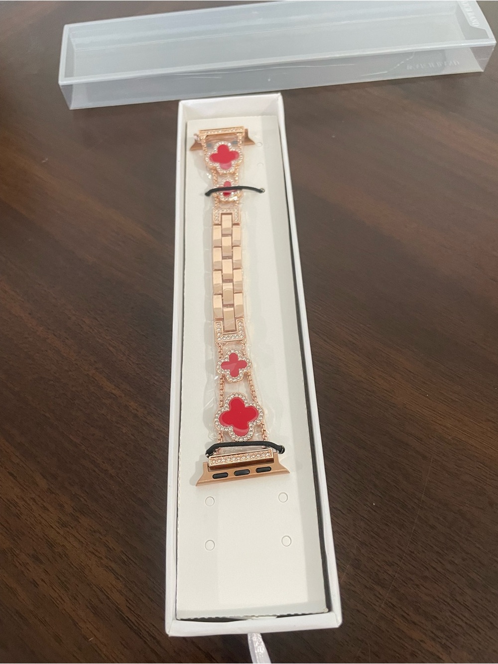Rose Gold Metal Smartwatch Band with Red Clover Accents